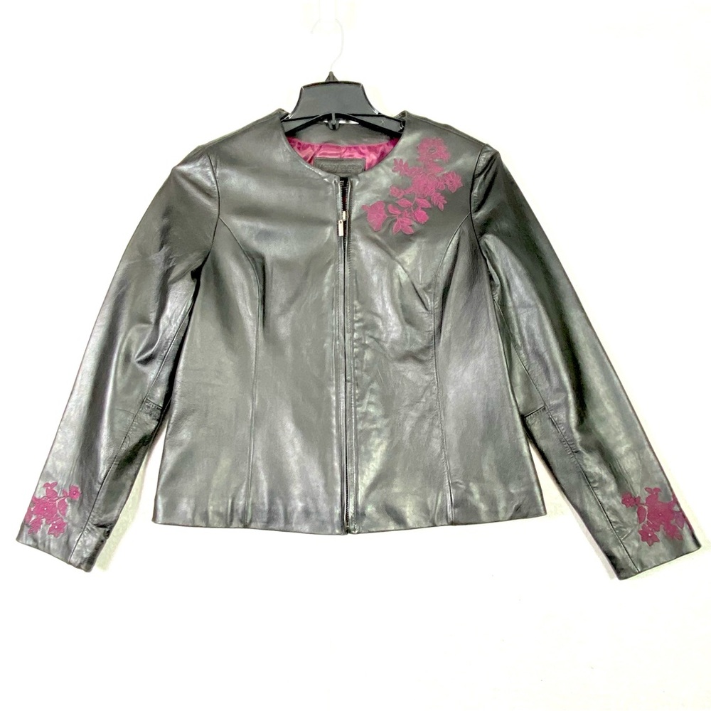 Jaclyn Smith Collarless Black 100% Leather Jacket Sz L Floral Embroidery Lined